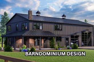 design and render architectural barndominium, pole barn floor plan, farmhouse