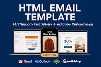 code a responsive HTML email template for mailchimp, klaviyo, and more