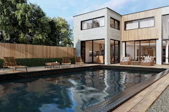 backyard landscape design, garden, pool, deck, gazebo patio, BBQ, pergola,garage