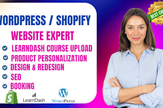 wordpress tutor lms, learndash,redesign shopify squarespace printful, customily
