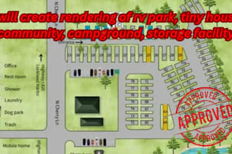 create rendering of rv park, tiny house community, campground, storage facility