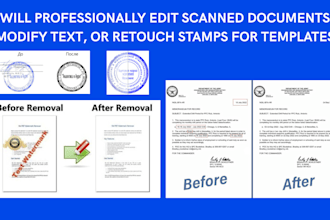professionally edit scanned documents, modify text, retouch stamps for templates