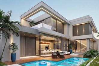 luxury tropical villa landscape, backyard, pool, patio, pergola, gazebo, render