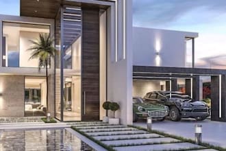 luxury house exterior design, gazebo, facade, elevation, lighting, pool, carpark