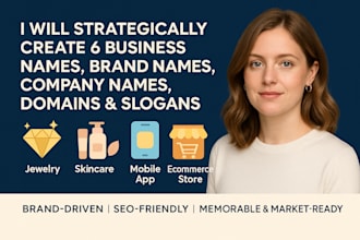strategically create 6 business names brand name company name domain and slogan