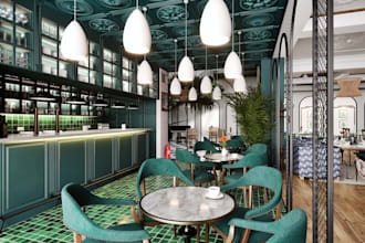 exploring 3d interior restaurant, lounge, bar, coffee shop, cafeteria, bakery