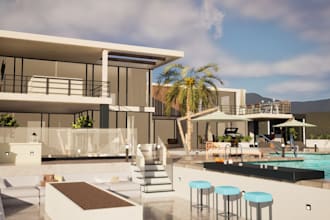 3d backyard landscape design, patio, bbq kitchen, pergola deck gazebo, fireplace