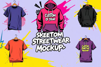 design custom streetwear clothing, mockup for  t shirts, hoodies, and other tops