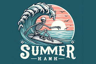 create hand drawn summer skeleton surfing wave logo