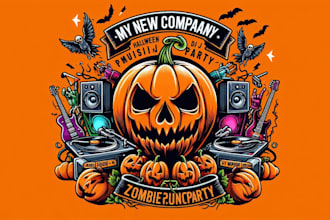 design halloween pumpkin zombie dj music party logo with source file in 12 hours