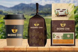 design premium coffee and tea label, packaging, logo, sticker, box and mug, cup