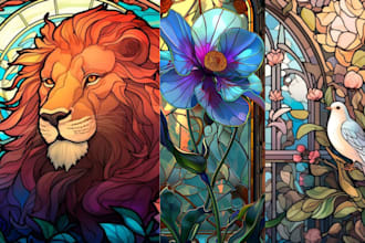 create fantasy stained glass art for characters, book covers, windows, card game