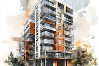 draw an architectural digital marker or watercolor sketches