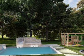 design residential landscape design, backyard, swimming pool, gazebo pavilion