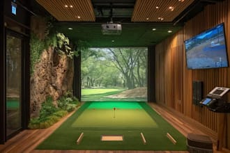 render 3d stadium area,golf showroom,golf simulator, museum design, 8k rendering