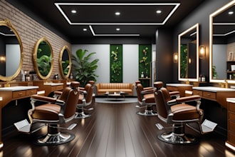 design 3d rendering for barber shop with quality furniture layouts