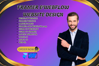 develop animated framer webflow website, with lottie web gl, react js three js