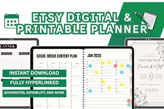 design etsy digital hyperlinked planner, etsy printful printify etsy shop SEO