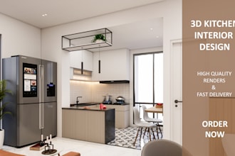 design a modern 3d kitchen interior with photorealistic renders