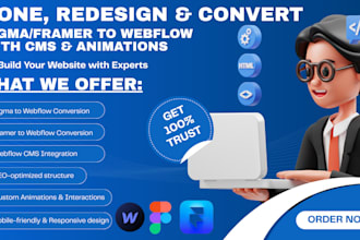 clone, redesign, convert figma to webflow, framer to webflow with cms, animation