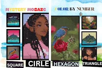 create a mystery mosaic color by number pixel mosaic  for adult and children