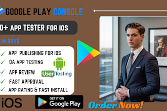 give 20 app testers for ios and google play app testing, app review 14 days