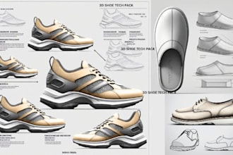 design 3d shoe tech pack, footwear technical drawing and 3d shoe flat sketches