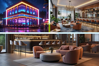 create realistic 3d interior and exterior designs for lounge bars, nightclubs