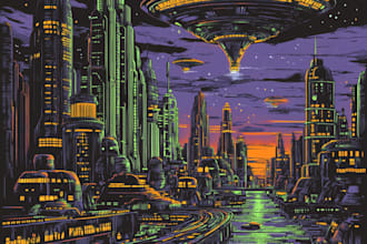 draw futuristic cyberpunk city and sci fi concept art