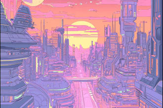draw sci fi illustration of futuristic cyberpunk city