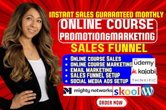 setup sales funnel on kajabi, thinkific, udemy course upload, course promotion