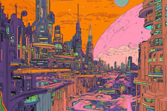 draw a sci fi and science fiction futuristic city art