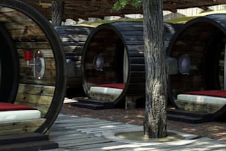 design 3d glamping dome,wooden furniture,3d ranch rendering,interior,facade,golf
