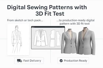 create digital sewing patterns from tech packs, sketches design with 3d fit test