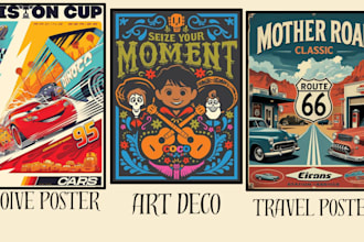 retro vintage travel poster design, movie, film poster, event poster, art deco