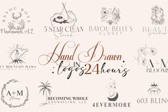 hand drawn logo, boho, vintage, and floral