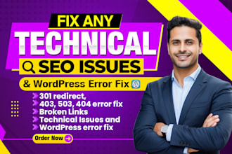 do 404 error fix, 301 redirect, technical issues and wordpress error fix