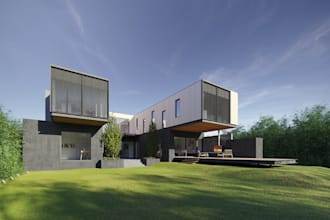 renovate house exterior, landscape grass,villa, resort building facade rendering