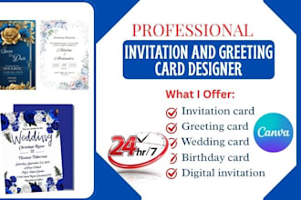 do canva invitation, greeting, wedding and birthday card, digital invite 24 hrs
