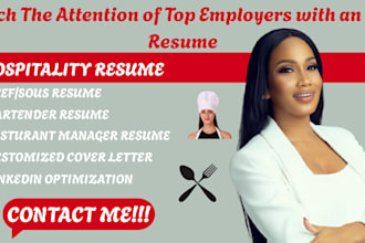write resume for chef, event planner, restaurant, bar, kitchen, hotelier and CV
