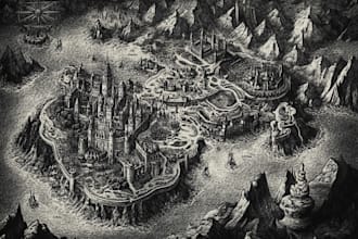 draw cartoon fantasy map illustration, doodle hand drawn