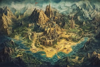 create line art fantasy map illustration