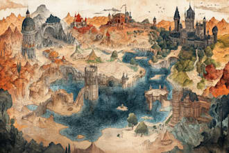 do cartoon fantasy map illustration, doodle hand drawn