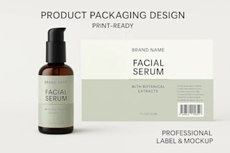 do product packaging with mailer box, logo, realistic mockups and label design
