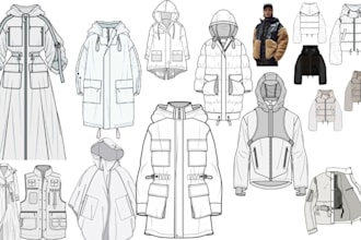 create fashion clothing apparel flat sketch for streetwear pant hoodie tech pack