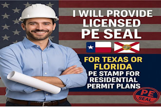 provide license pe seal for texas, florida pe stamp for residential permit plans