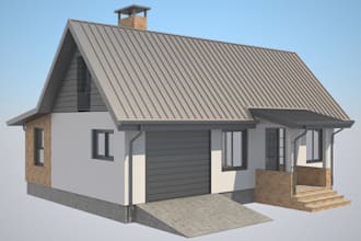 render 3d cabin, small house cottage, cabana house front elevation 3d floor plan