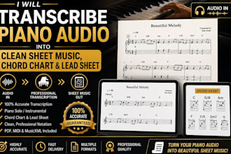 transcribe piano audio into clean sheet music chord chart, lead sheet notation