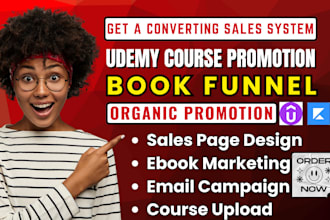 udemy online course promotion book funnel, kajabi online course website funnel