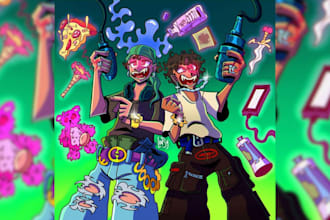 create cartoon illustration for album cover podcast hiphop mixtape cover